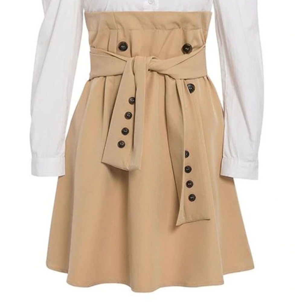 ๐ Tan Color Block Belted Button Front Dress - Picture 6 of 8